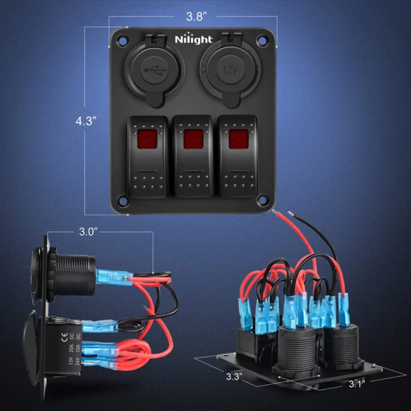 Rofaborð 3 rofar með usb og kveikjartengi rautt - Image 3