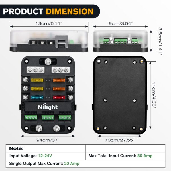 Nilight 6 Way Fuse Relay Block with Acc Control Negative Bus - Image 5