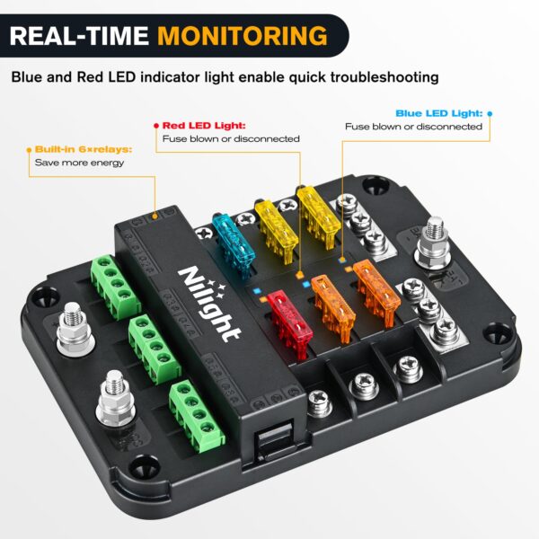 Nilight 6 Way Fuse Relay Block with Acc Control Negative Bus - Image 3