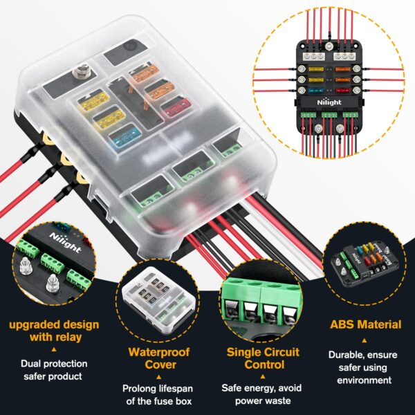 Nilight 6 Way Fuse Relay Block with Acc Control Negative Bus - Image 4