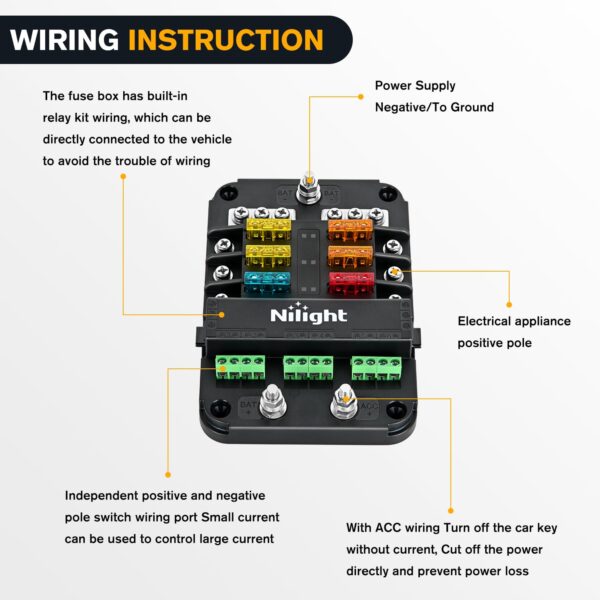 Nilight 6 Way Fuse Relay Block with Acc Control Negative Bus - Image 2