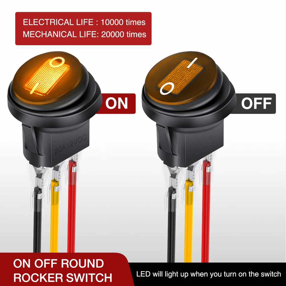 Vatnsheldur rofi með gulu LED – 12V 20A - Image 2