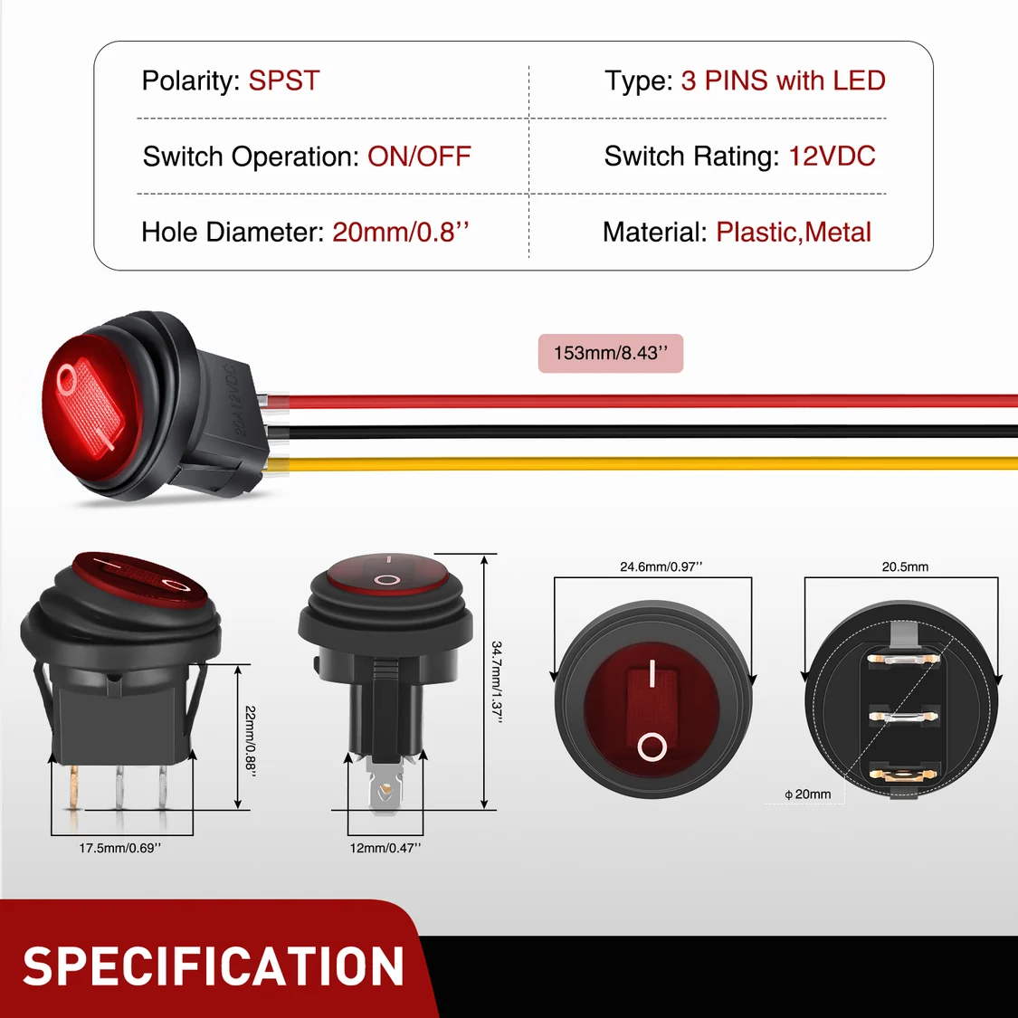 Vatnsheldur rofi með rauðu LED – 12V 20A - Image 3