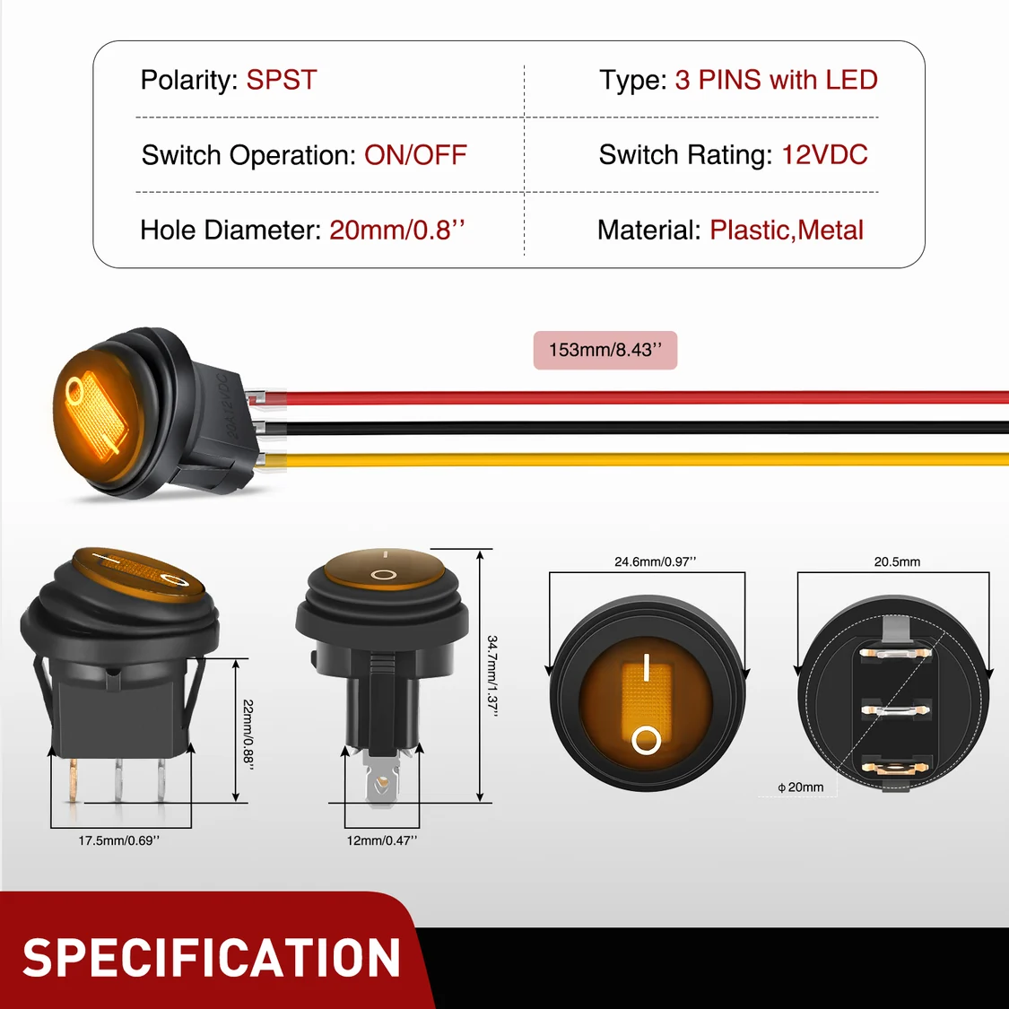 Vatnsheldur rofi með gulu LED – 12V 20A - Image 3