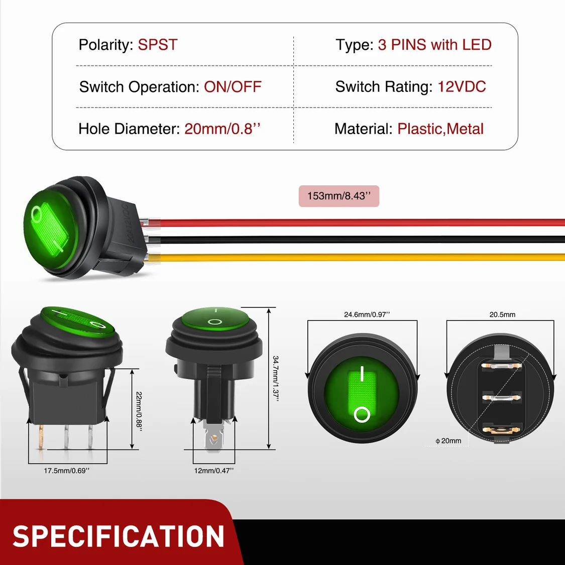 Vatnsheldur rofi með grænu LED – 12V 20A - Image 3