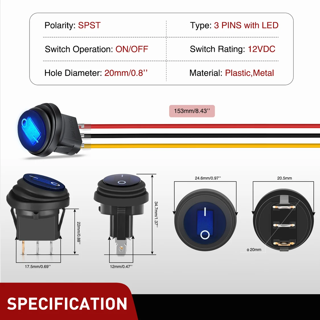 Vatnsheldur rofi með bláu LED – 12V 20A - Image 3