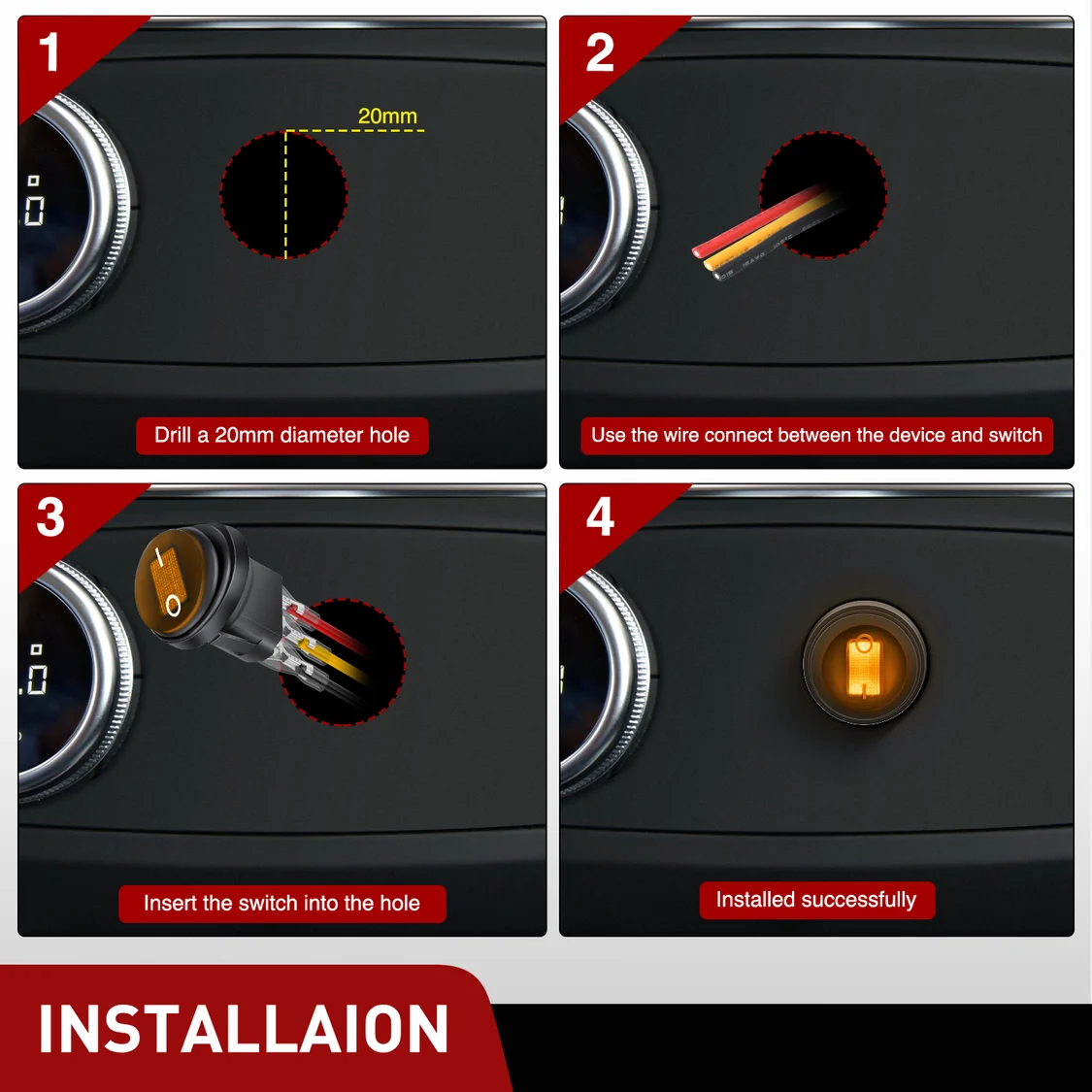 Vatnsheldur rofi með gulu LED – 12V 20A - Image 4