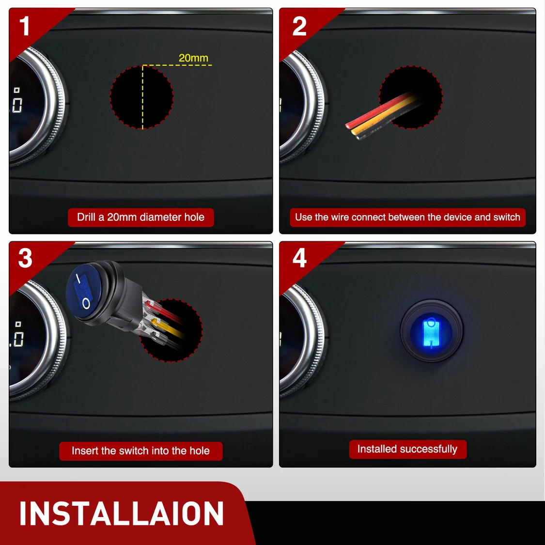Vatnsheldur rofi með bláu LED – 12V 20A - Image 4