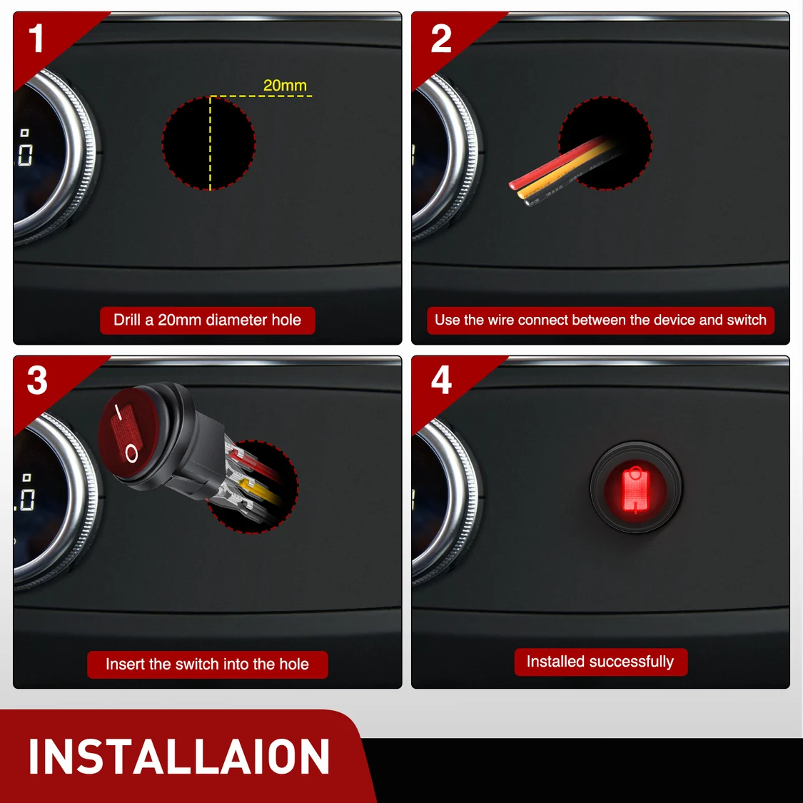 Vatnsheldur rofi með rauðu LED – 12V 20A - Image 4