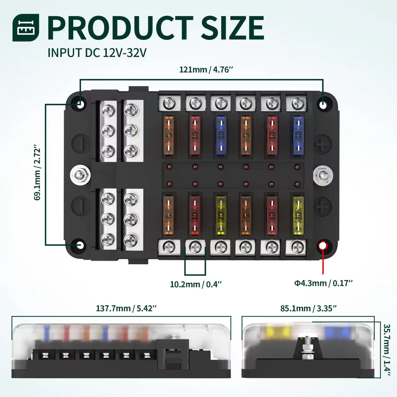 Öryggjahús 12 rása 100A með LED og mínus Busbar - Image 7
