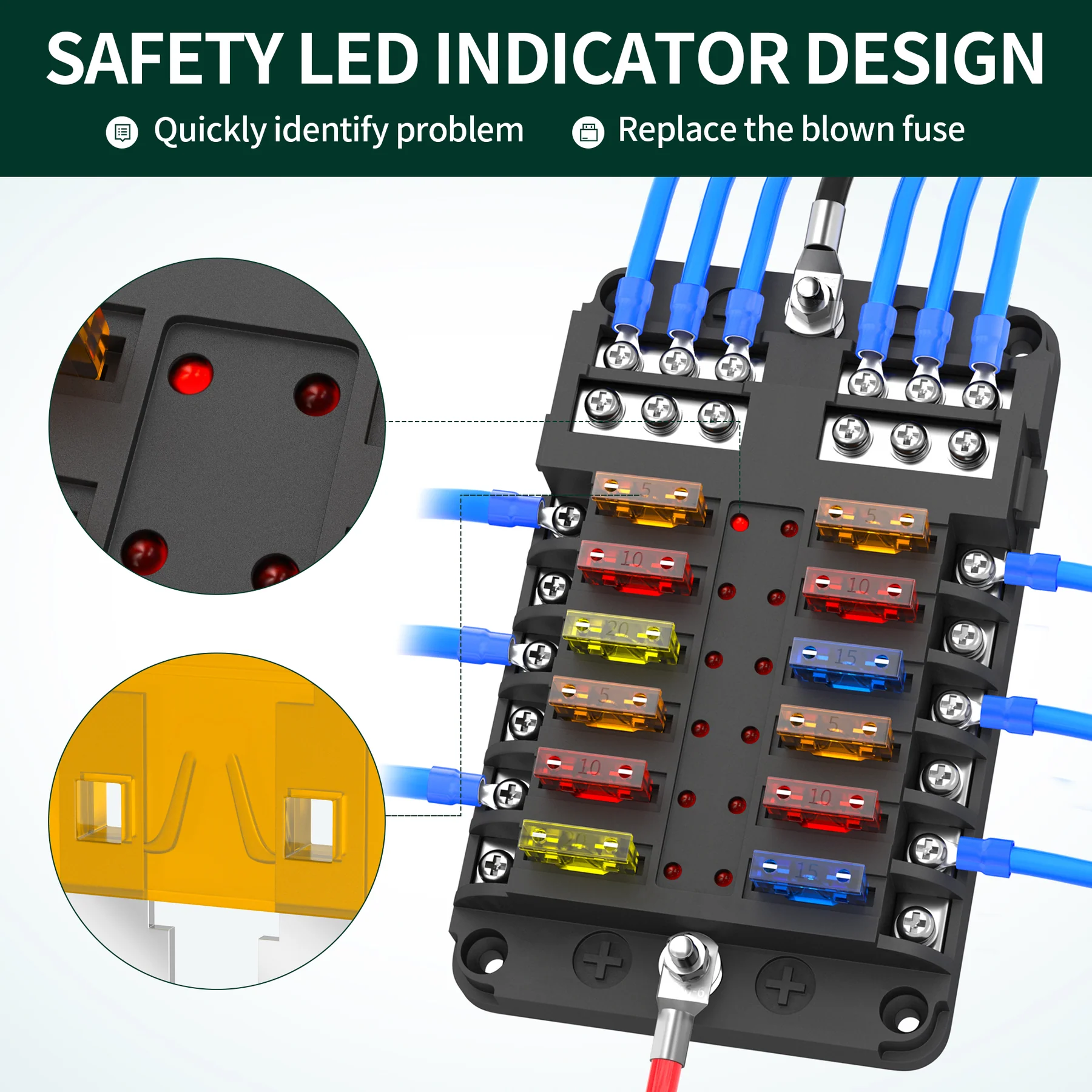 Öryggjahús 12 rása 100A með LED og mínus Busbar - Image 4